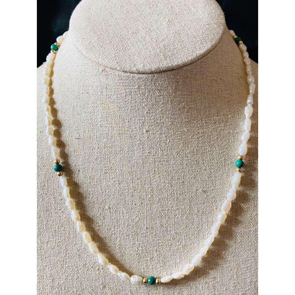 14k yellow gold malachite pearl bead Necklace